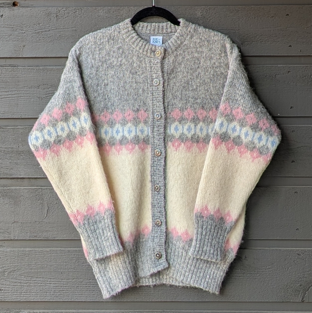 VTG 80s Ice Knit 100% Icelandic Wool Pastel Button Front Cardigan Large